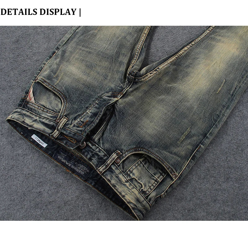 Newly Vintage Fashion Men Jeans Retro Washed Elastic Slim Fit Ripped Jeans Men Italian Style Designer Casual Denim Pants Hombre