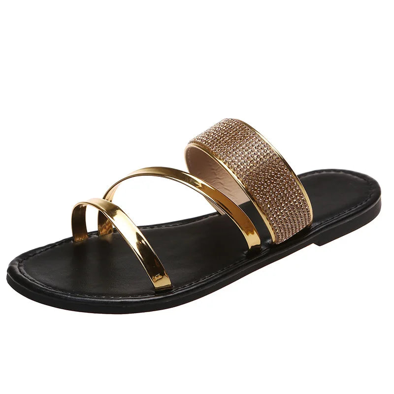 Summer Women Sandals Flat Sandal Sparkle Rhinestone Slide Trendy Women's Beach Sparkly Dressy Slip on Bling Casual Shoes