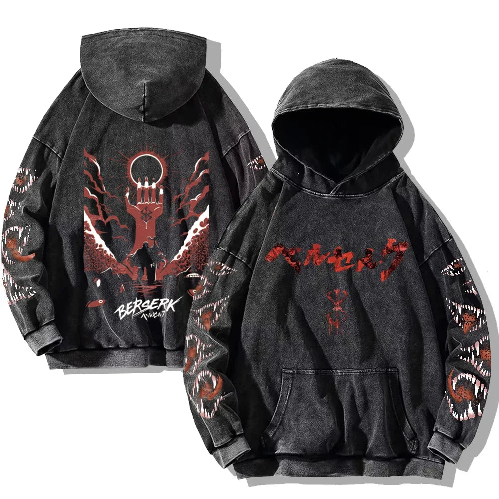 Autumn Men's Hoodies Gothic Print Vintage Washed Hoodie Hip Hop Streetwear Cotton Sweatshirts Harajuku Casual Pullover Y2K Tops