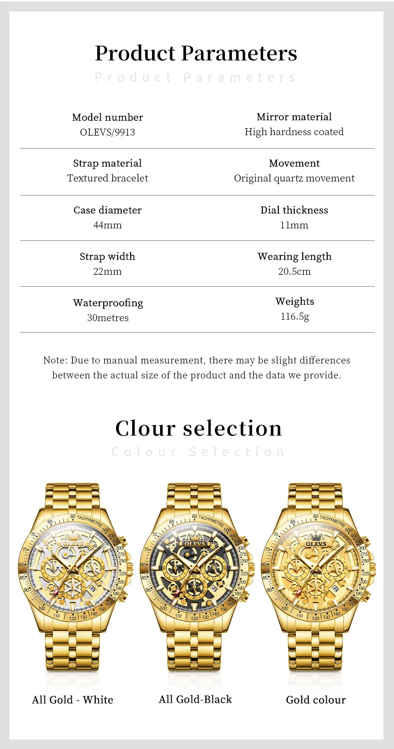 OLEVS Business Gold Men Watches Full Skeleton Stainless steel Chronograph Wristwatch Waterproof Luxury Luminous Quartz Watch Men