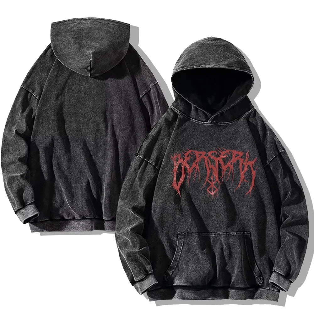 Autumn Men's Hoodies Gothic Print Vintage Washed Hoodie Hip Hop Streetwear Cotton Sweatshirts Harajuku Casual Pullover Y2K Tops