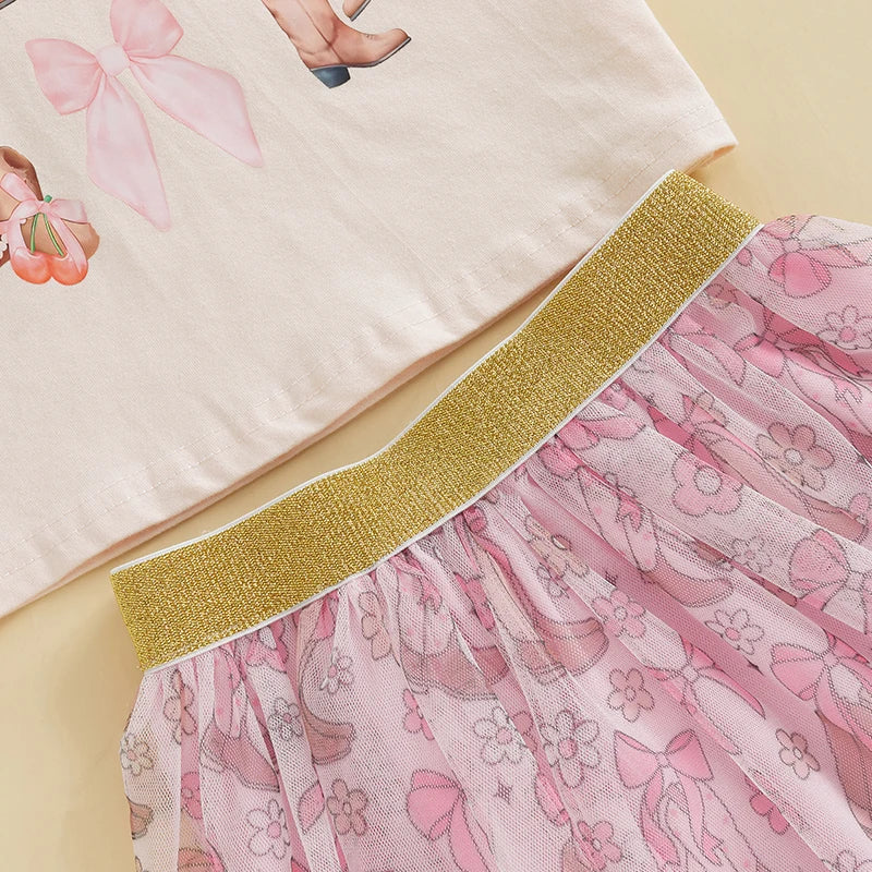 Infant Girls 2-Piece Summer Set with Short Sleeve Bow Boots Print Top and Tulle Skirt Cute Baby Western Outfit