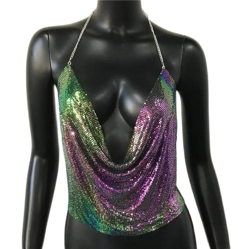 Sexy Metal Sequins Tank Top For Women 2025 Summer V Neck Backless Crop Tops Luxury Solid Short Party Nightclub Tank Tops