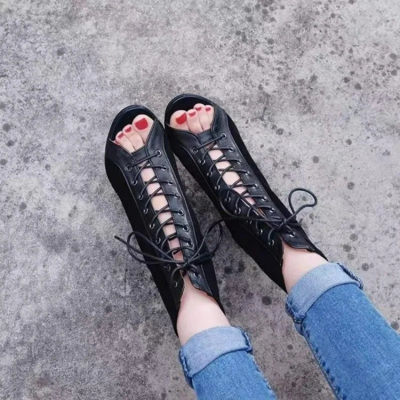 New Lace-Up Sandals Heels Women's Shoes Summer Trend Black Sexy Peep Toe Boots Fashion Cloth Stilettos Jazz Dance Female Sandal