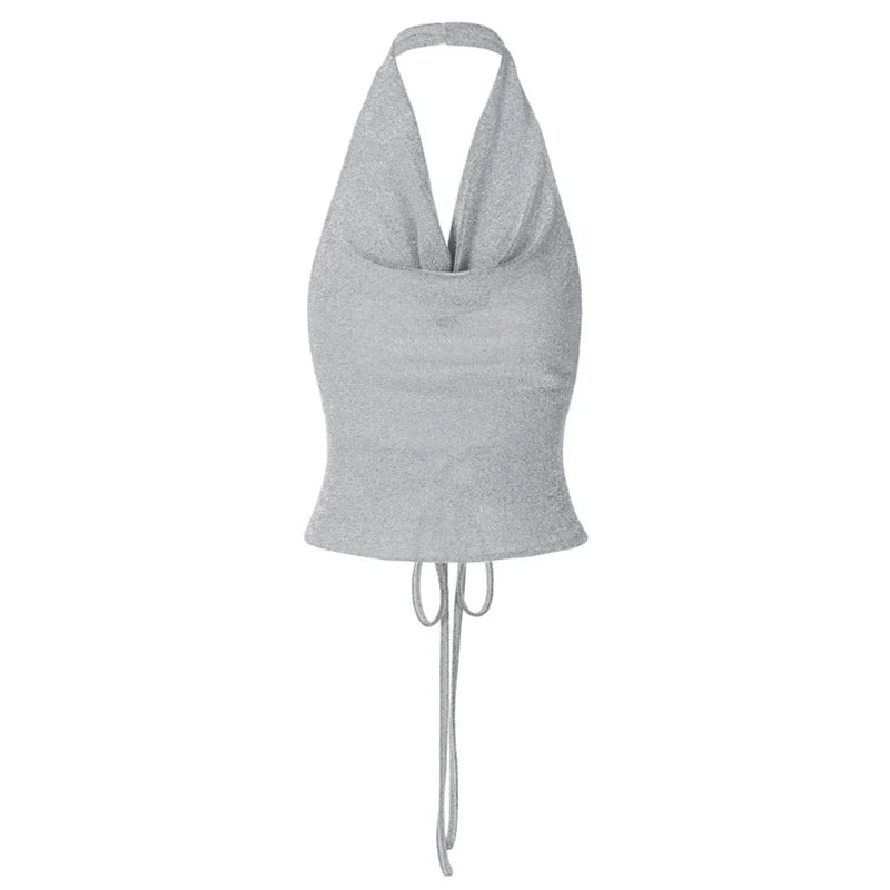 Autumn Women Bling Glitter Sequins Sexy Y2K Clothes Lace Up Sleeveless Backless Halter Crop Top Korean Fashion Vintage