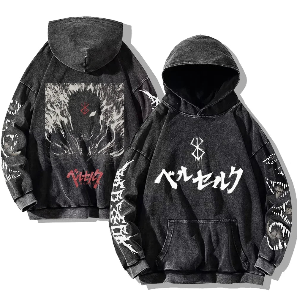 Autumn Men's Hoodies Gothic Print Vintage Washed Hoodie Hip Hop Streetwear Cotton Sweatshirts Harajuku Casual Pullover Y2K Tops