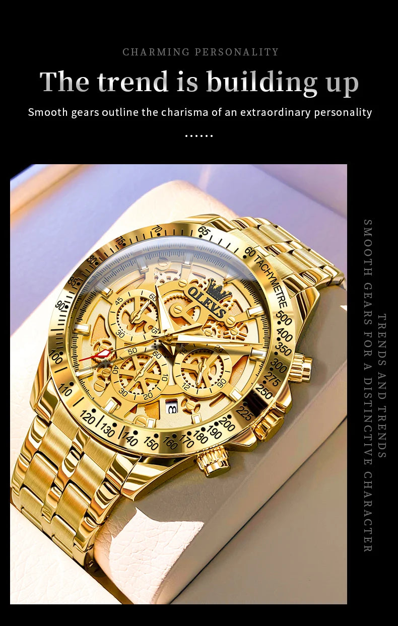 OLEVS Business Gold Men Watches Full Skeleton Stainless steel Chronograph Wristwatch Waterproof Luxury Luminous Quartz Watch Men