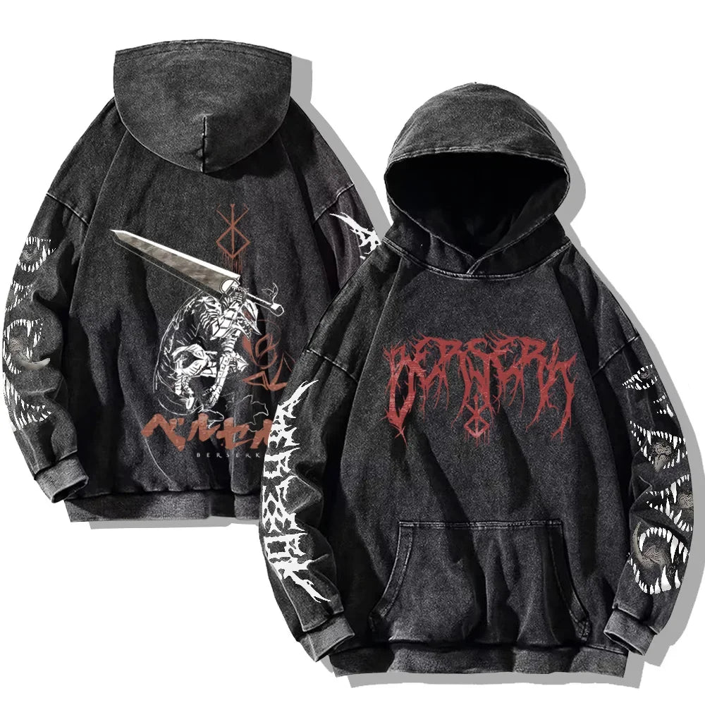 Autumn Men's Hoodies Gothic Print Vintage Washed Hoodie Hip Hop Streetwear Cotton Sweatshirts Harajuku Casual Pullover Y2K Tops