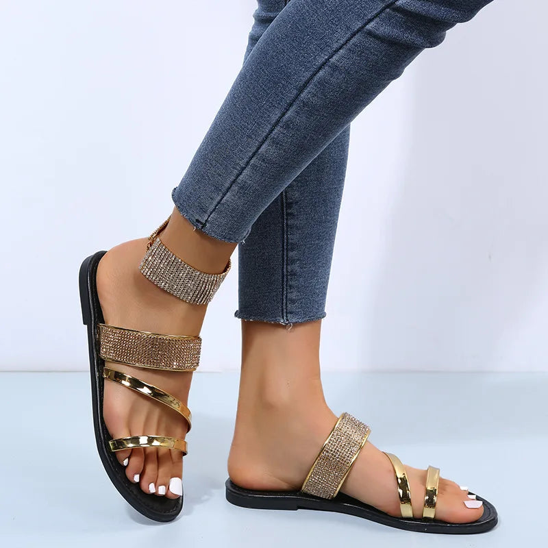 Summer Women Sandals Flat Sandal Sparkle Rhinestone Slide Trendy Women's Beach Sparkly Dressy Slip on Bling Casual Shoes