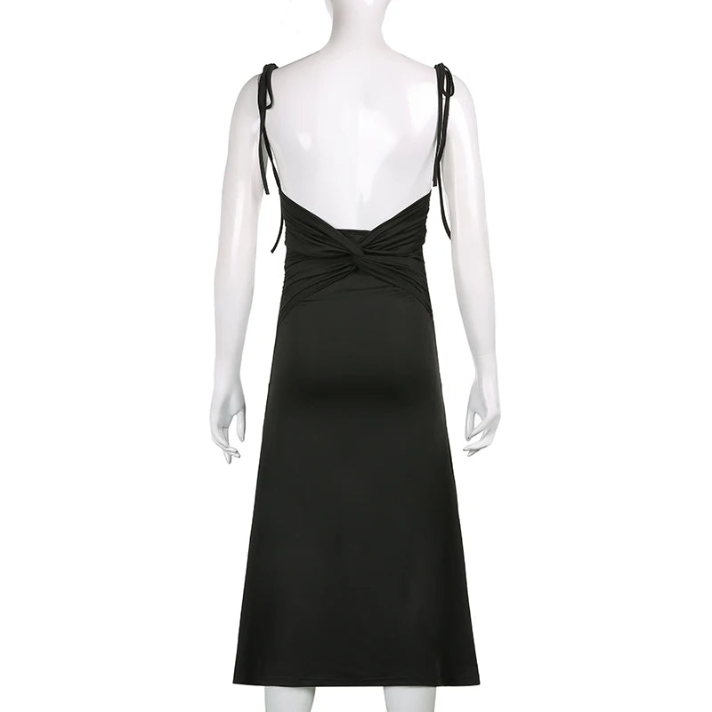 Summer Black Dress Irregular Elegant Backless Party Long Dress Strappy Ruched Sexy Dresses Women Clothes Vintage Vestidos Largos