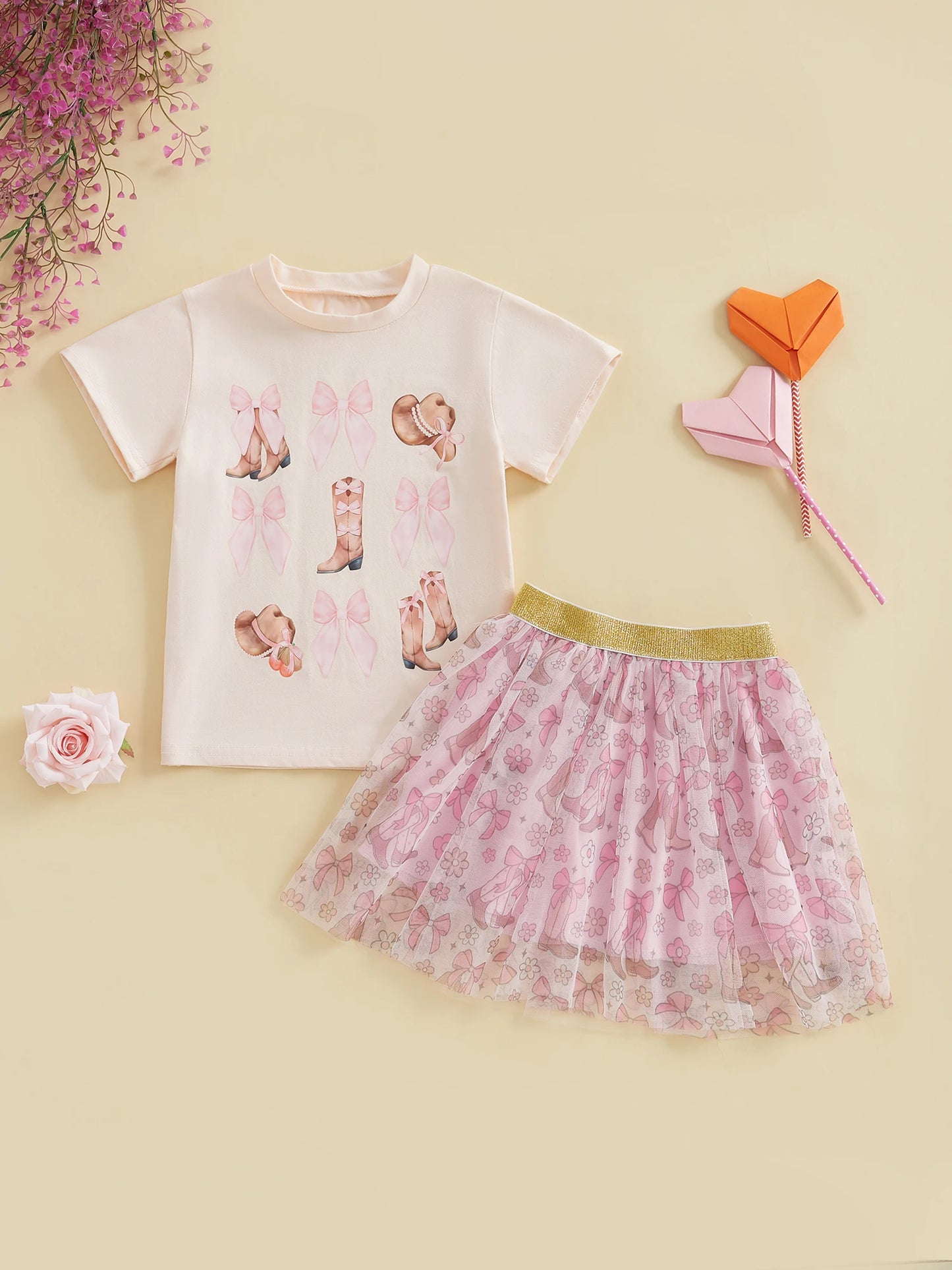 Infant Girls 2-Piece Summer Set with Short Sleeve Bow Boots Print Top and Tulle Skirt Cute Baby Western Outfit
