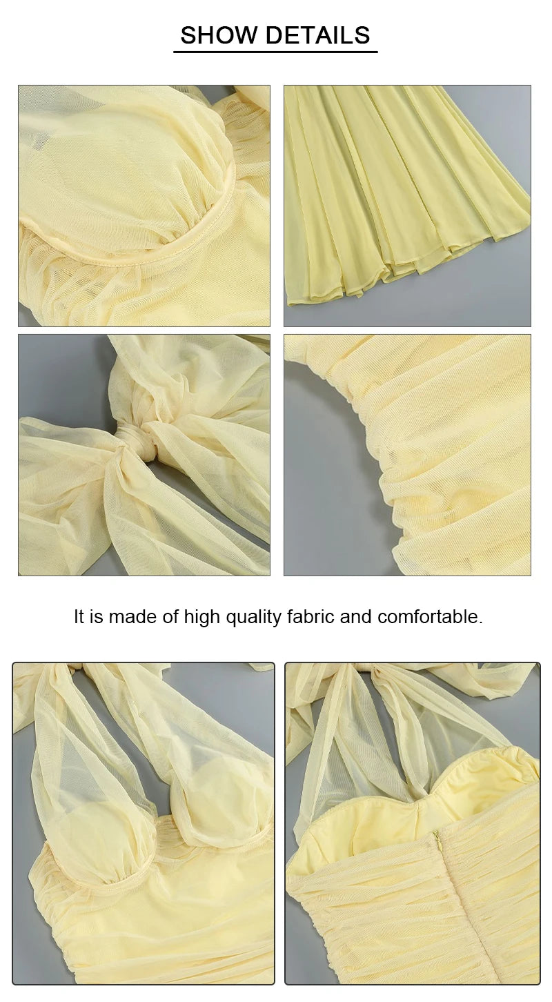VC Yellow Halter Neck Tie Closure Ruched Long Dress Mesh Key Hole High Slit Pleated Celebrity Birthday Party Cocktail Dress