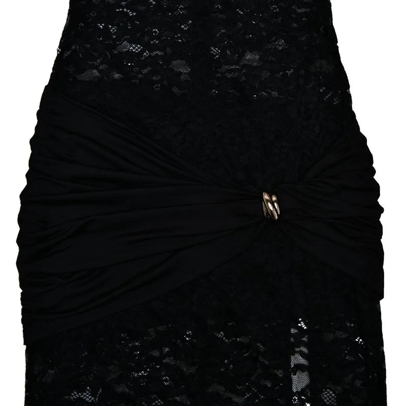BOOFEENAA See Through Lace Sexy Black Dresses Women 2024 Hollow Out Sleeveless High Split Long Dress Party Club Outfits C92-EI32