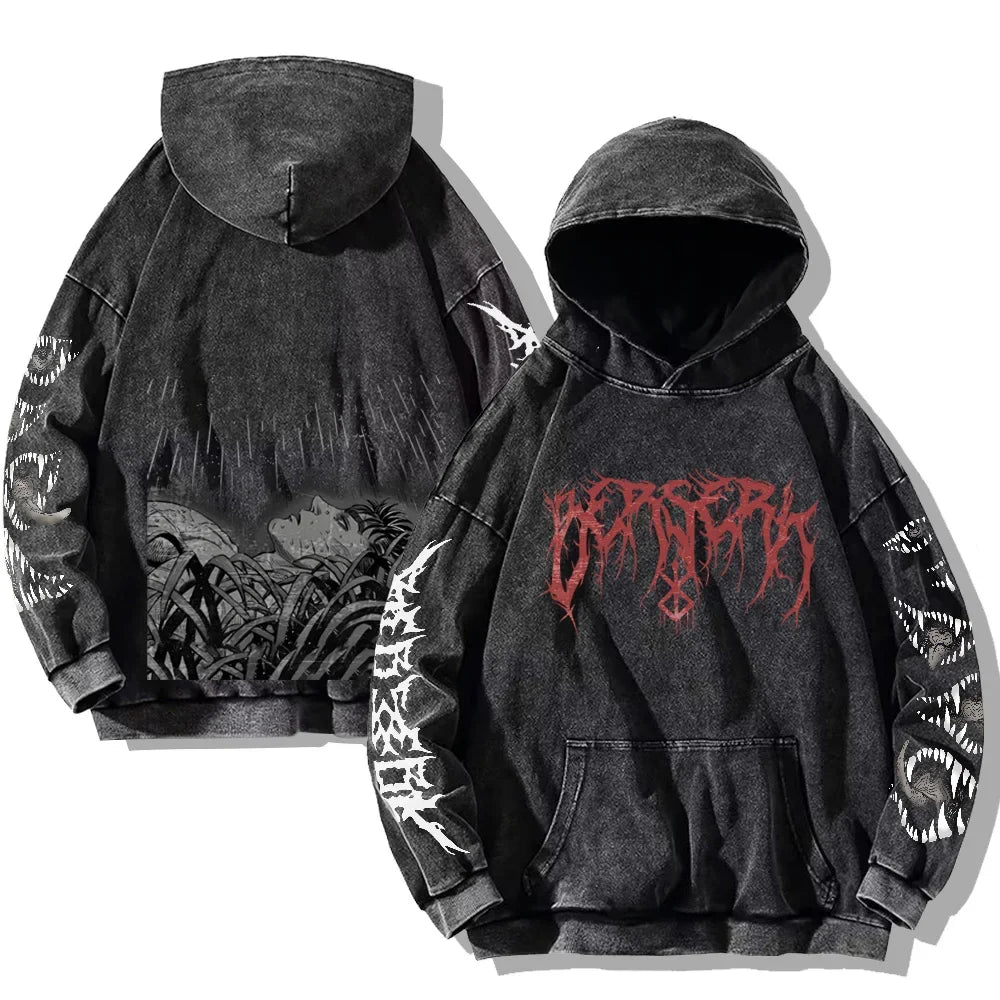 Autumn Men's Hoodies Gothic Print Vintage Washed Hoodie Hip Hop Streetwear Cotton Sweatshirts Harajuku Casual Pullover Y2K Tops