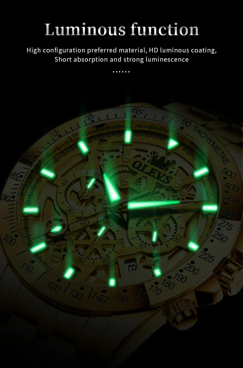 OLEVS Business Gold Men Watches Full Skeleton Stainless steel Chronograph Wristwatch Waterproof Luxury Luminous Quartz Watch Men