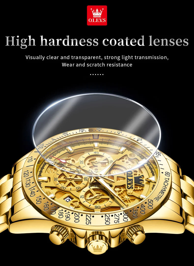 OLEVS Business Gold Men Watches Full Skeleton Stainless steel Chronograph Wristwatch Waterproof Luxury Luminous Quartz Watch Men