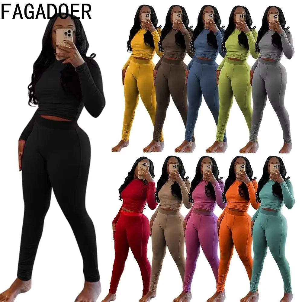 FAGADOER Autumn Winter New Ribbing 2 Piece Sets Women Outfit Solid Long Sleeve Crop Top + High Waist Leggings Suits Sportswear