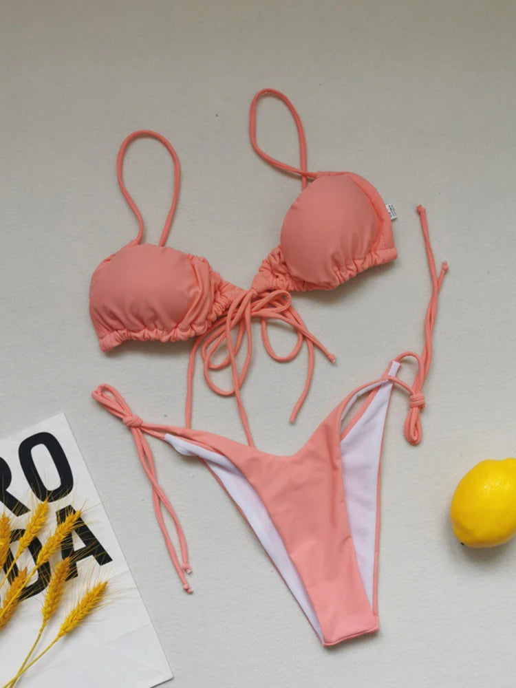 OIINAA Sexy Bikini Set Women Swimsuit Two-Piece Lace Up Pleated Female Swimwear Backless Bathing 2025 Summer Fashion Beachwear
