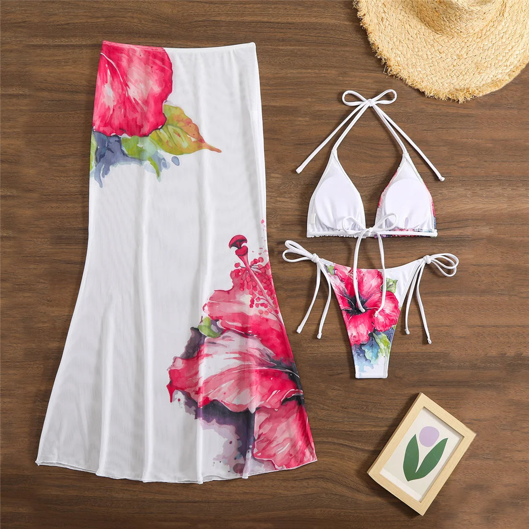 Flowers Printed With Skirt Halter Bikini Women Swimwear Female Swimsuit Three-pieces Bikini set Bather Bathing Suit Swim V6637