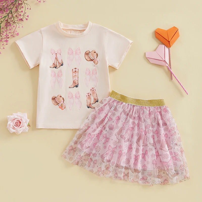 Infant Girls 2-Piece Summer Set with Short Sleeve Bow Boots Print Top and Tulle Skirt Cute Baby Western Outfit