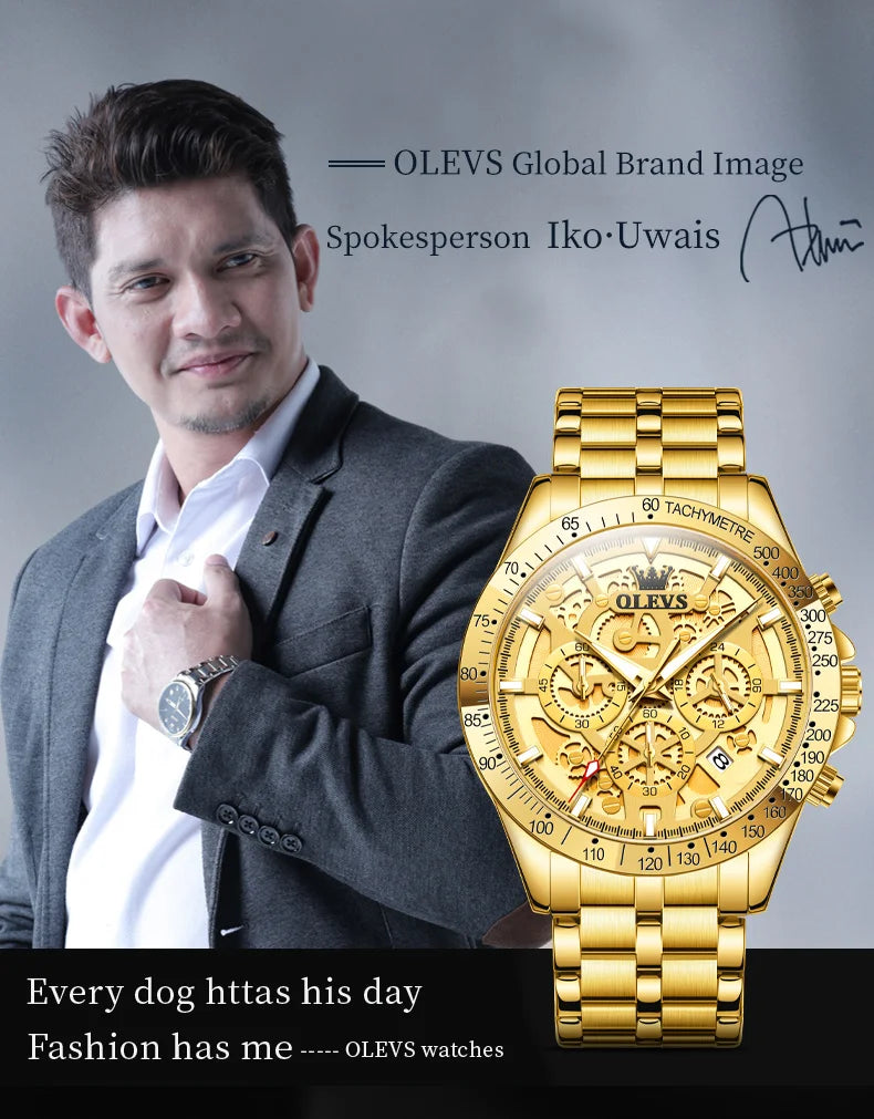 OLEVS Business Gold Men Watches Full Skeleton Stainless steel Chronograph Wristwatch Waterproof Luxury Luminous Quartz Watch Men
