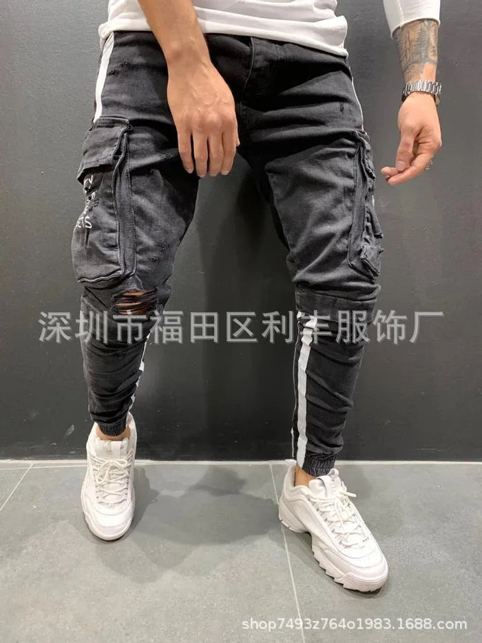 Men Jeans Denim Ankle Length Pencil Pants Mid Waist Holes Sheath Pockets Slim High Street Patchwork Slight Strech Washing