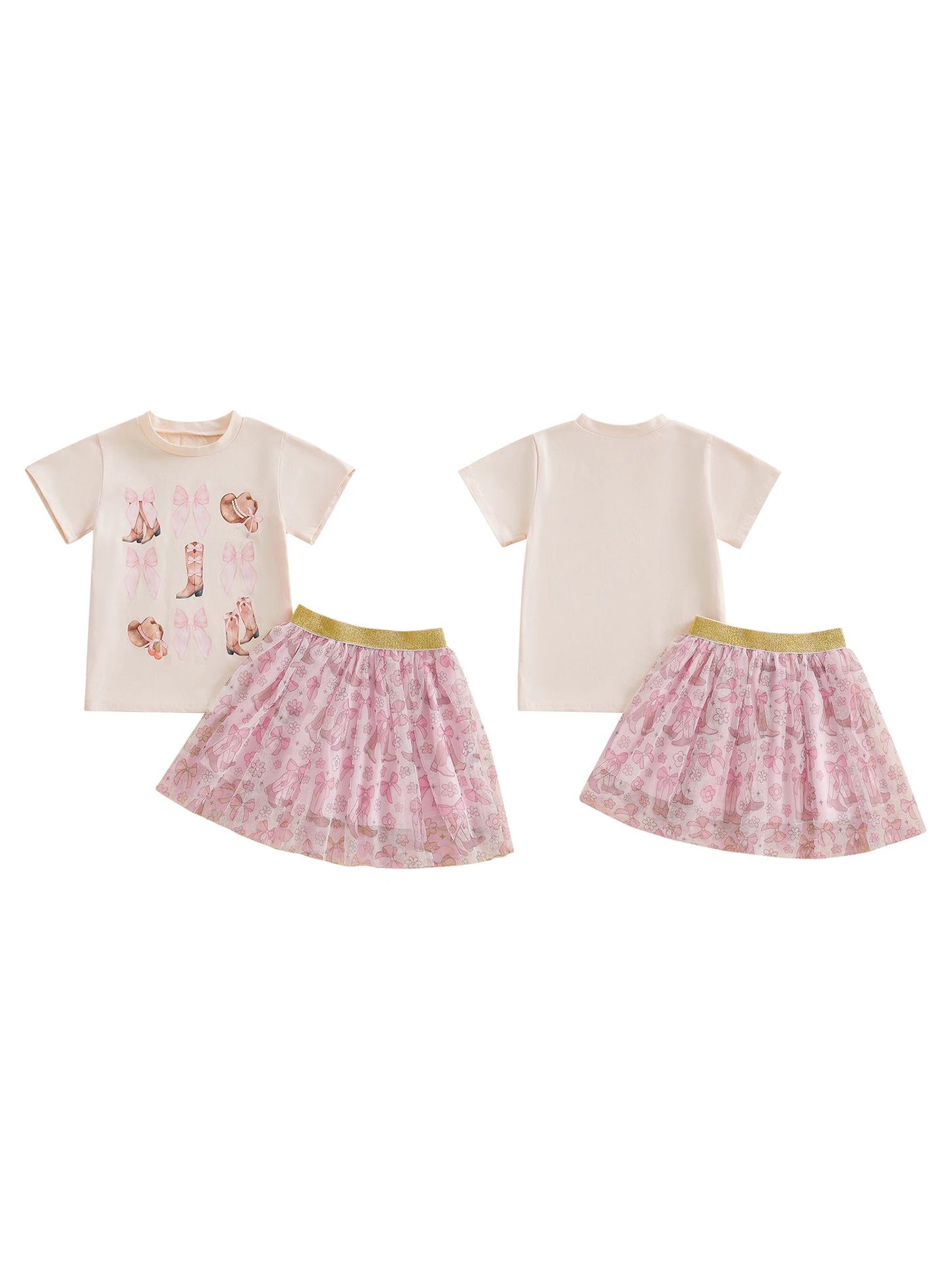 Infant Girls 2-Piece Summer Set with Short Sleeve Bow Boots Print Top and Tulle Skirt Cute Baby Western Outfit