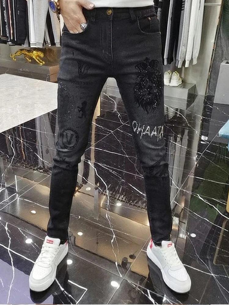 Fashion Korean Style Gray Skinny Jeans Tiger Printing Luxury Men's Streetwear Slim Jeans Autumn Casual Wear Motorcycle Men Jeans