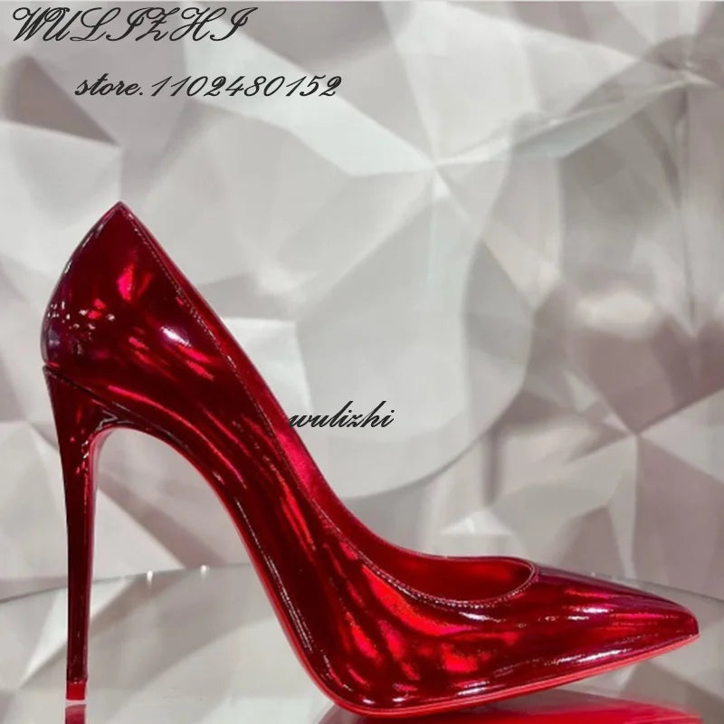 Red Shiny Mirror Sexy Heels Girl Dress Hollow Pointed Toe Sandal Spring Bling Catwalk Metallic Glitter Pump Concise Shallow Shoe