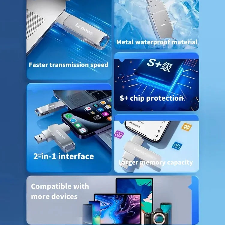 Lenovo 16TB USB 3.0 Flash Drive U Disk Type-C Interface High Speed Transfer 8TB 4TB Large Capacity Metal Pendrive Memoria Stick