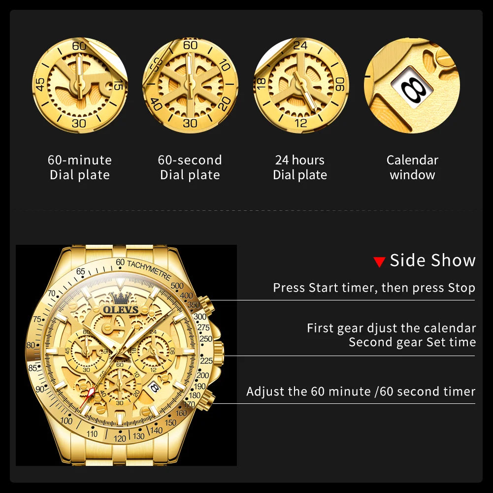 OLEVS Business Gold Men Watches Full Skeleton Stainless steel Chronograph Wristwatch Waterproof Luxury Luminous Quartz Watch Men
