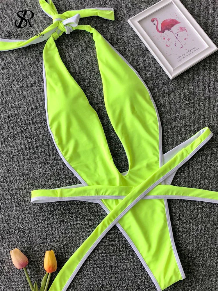 SINGREINY Fashion Halter Sexy Bikini Rompers Female Lace Up Bodycon Playsuits Women Vacation Style Beach Leopard Swimsuits