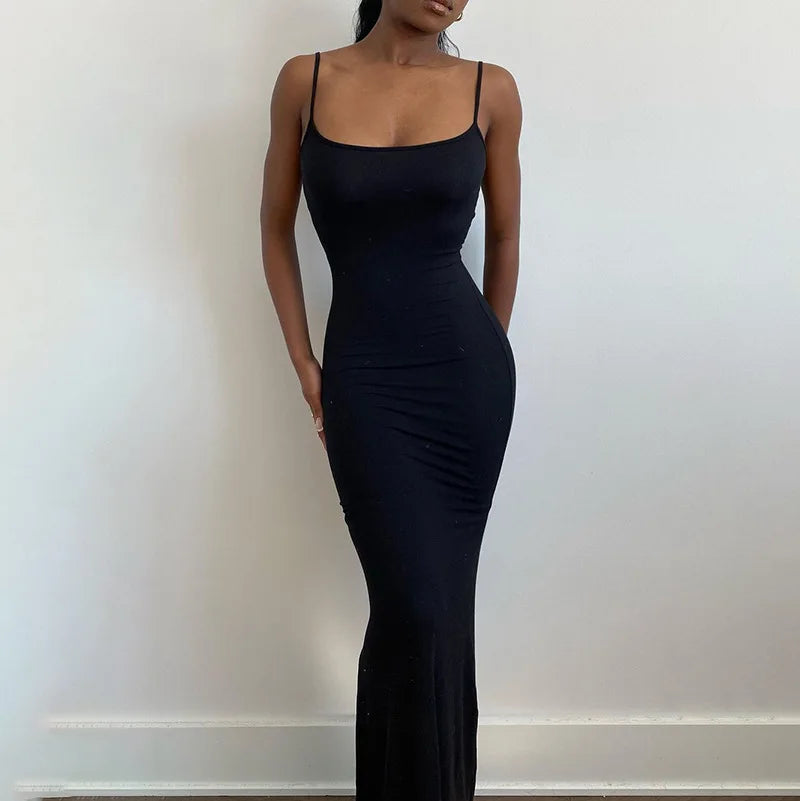 Dresses For Women 2023 Sexy Spaghetti Strap Black Long Dress Evening Y2k Sleeveless Solid Skinny Bodycon Maxi Vestidos