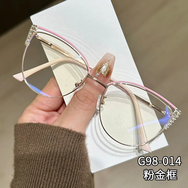 2025 new exquisite diamond studded metal eyeglass frame for women anti blue light glasses fashionable cat eye computer goggles