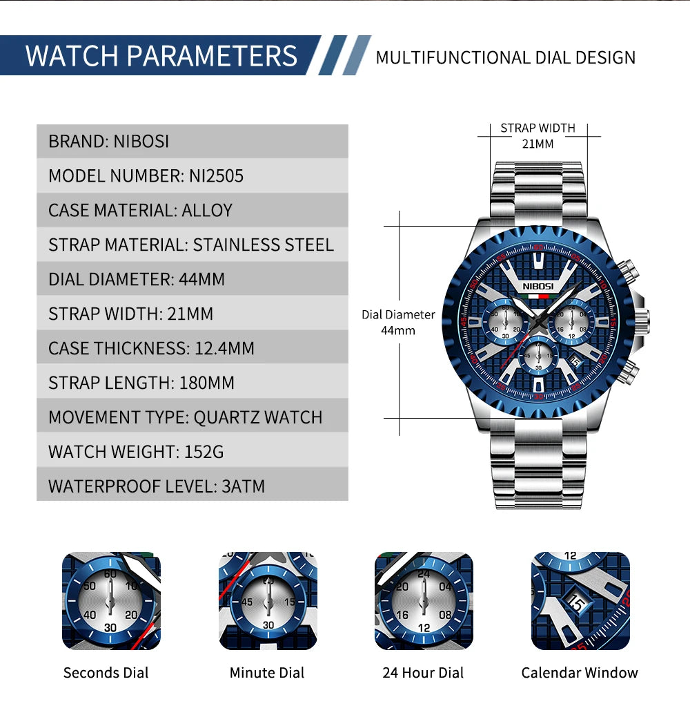 NIBOSI Men Watches Stainless Steel Top Luxury Fashion Business Wristwatch Waterproof Luminous Quartz Watches Relogio Masculino