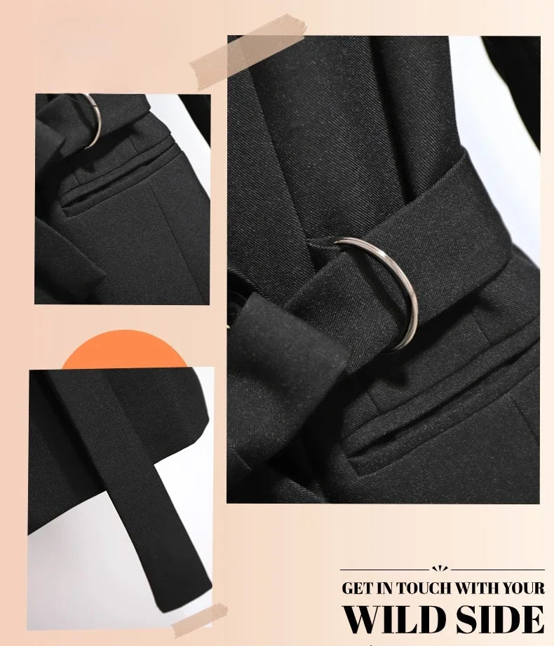 Women's Blazer 2024 Autumn New Korean Fashion Stylish Tie Waist Jacket Unique Luxurious Outerwear for Women Medium Length Jacket