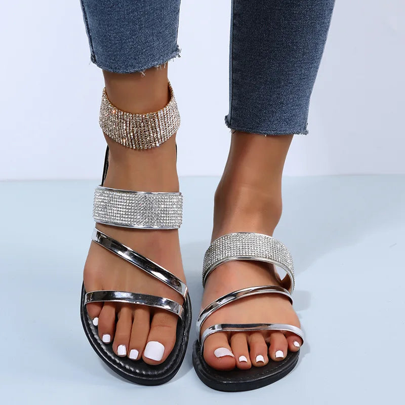Summer Women Sandals Flat Sandal Sparkle Rhinestone Slide Trendy Women's Beach Sparkly Dressy Slip on Bling Casual Shoes