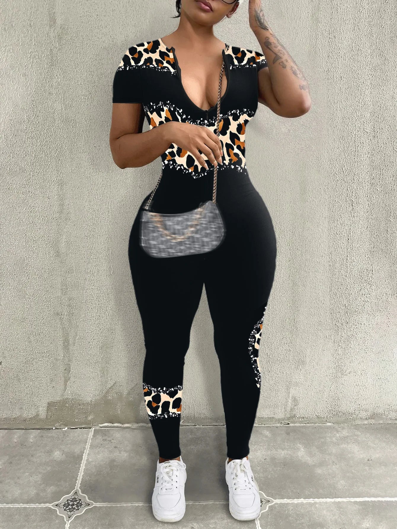 LW Spring Summer Women Casual Fashion V-Neck Long Sleeve Zipper Design Skinny One-Pieces Sportswear Outfits Jumpsuit