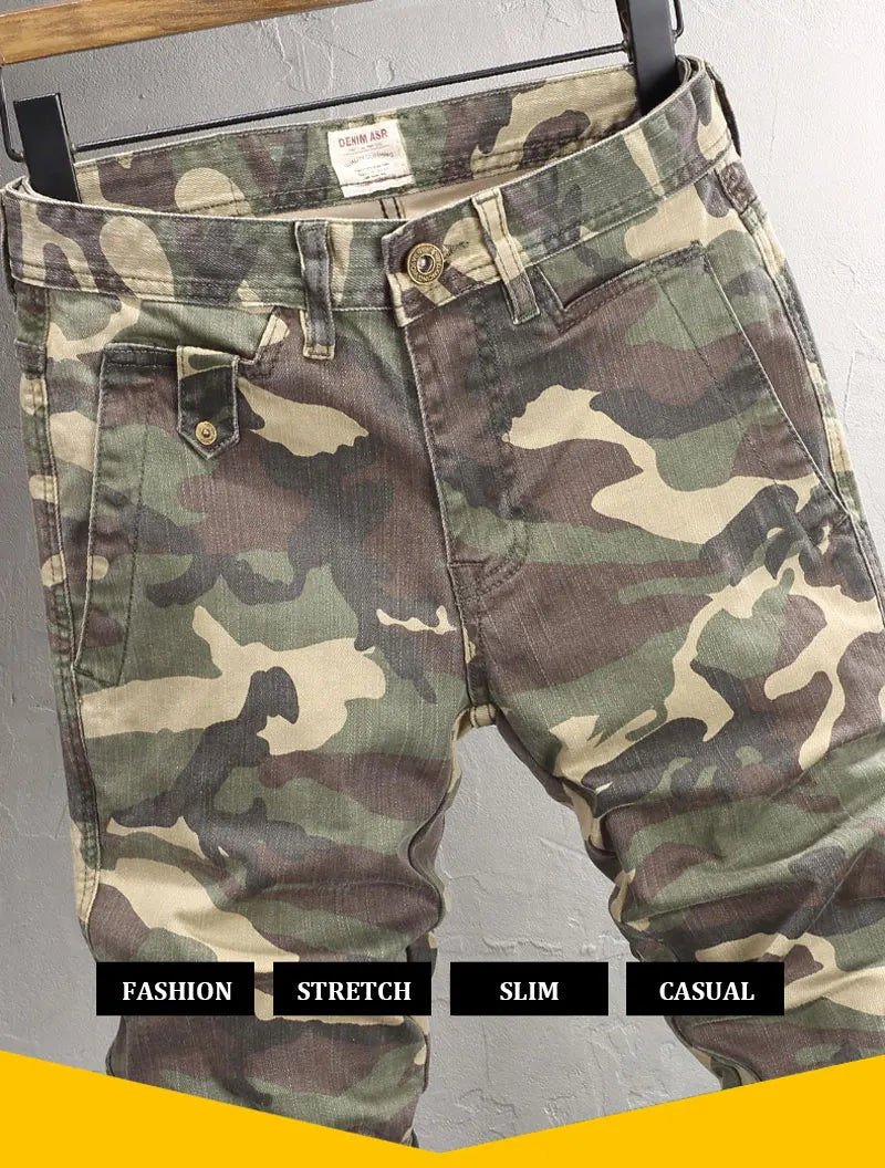 Fashion Vintage Men Jeans Camo Trousers Elastic Slim Fit Hip Hop Jeans Men Spliced Designer Casual Denim Pants