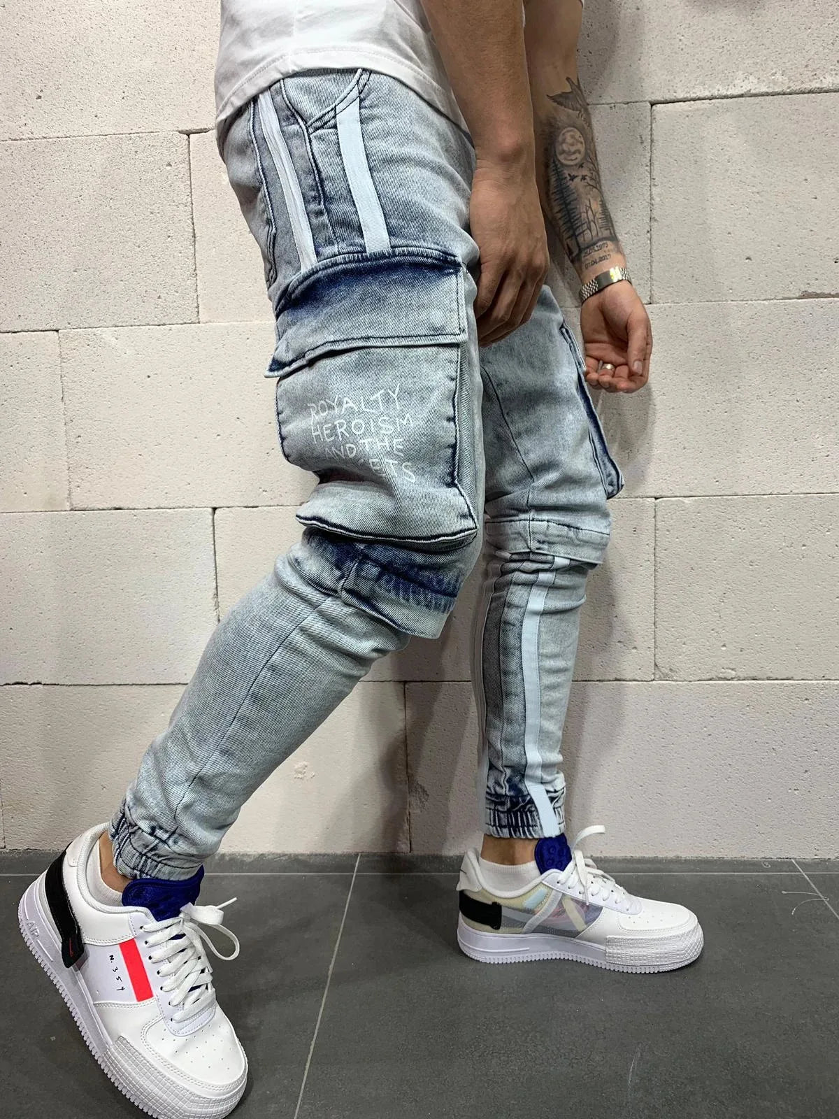 Men Jeans Denim Ankle Length Pencil Pants Mid Waist Holes Sheath Pockets Slim High Street Patchwork Slight Strech Washing