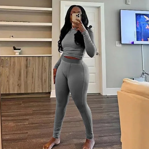 FAGADOER Autumn Winter New Ribbing 2 Piece Sets Women Outfit Solid Long Sleeve Crop Top + High Waist Leggings Suits Sportswear