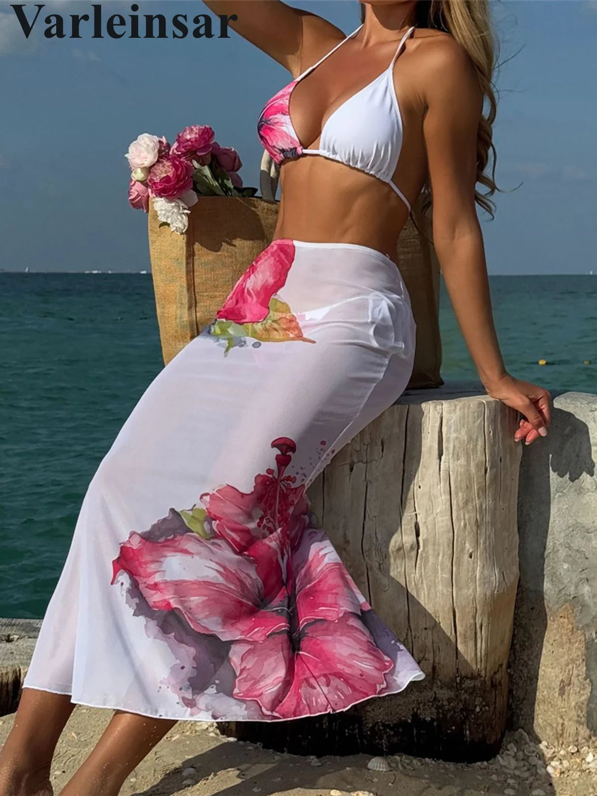 Flowers Printed With Skirt Halter Bikini Women Swimwear Female Swimsuit Three-pieces Bikini set Bather Bathing Suit Swim V6637