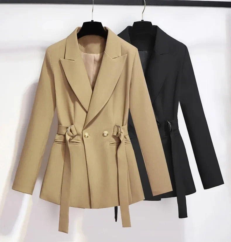 Women's Blazer 2024 Autumn New Korean Fashion Stylish Tie Waist Jacket Unique Luxurious Outerwear for Women Medium Length Jacket