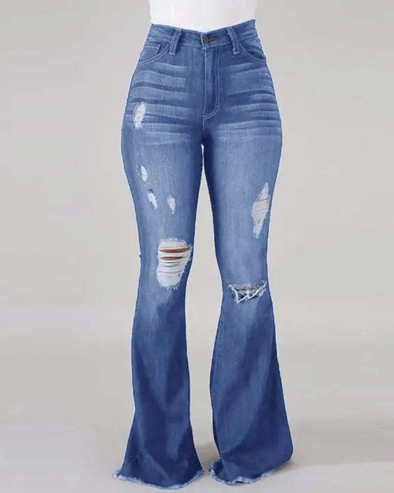 2025 Spring New High Waist Ripped Flared Jeans For Women Fashion Stretch Slim Denim Pants Casual Female Clothing S-3XL Drop Ship
