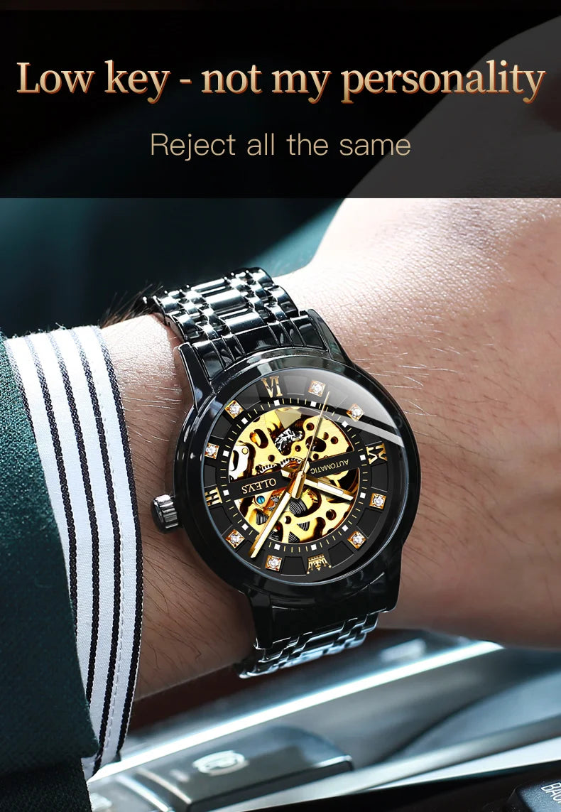 OLEVS Skeleton Watch Men Waterproof Luminous Casual Automatic Mechanical Watche Sports Men Black Steel Wristwatch Reloj Hombre