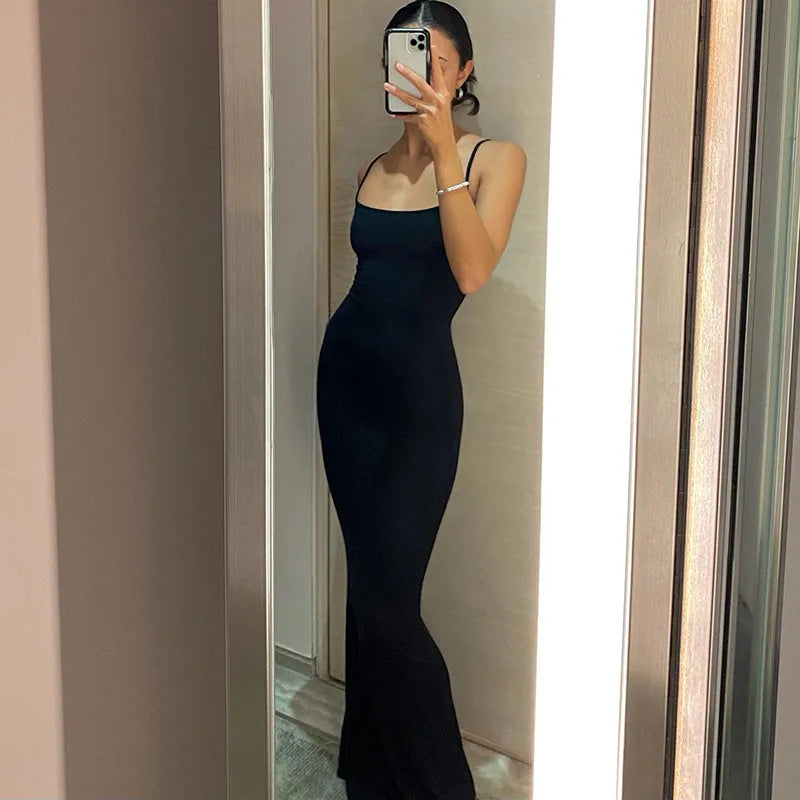Dresses For Women 2023 Sexy Spaghetti Strap Black Long Dress Evening Y2k Sleeveless Solid Skinny Bodycon Maxi Vestidos