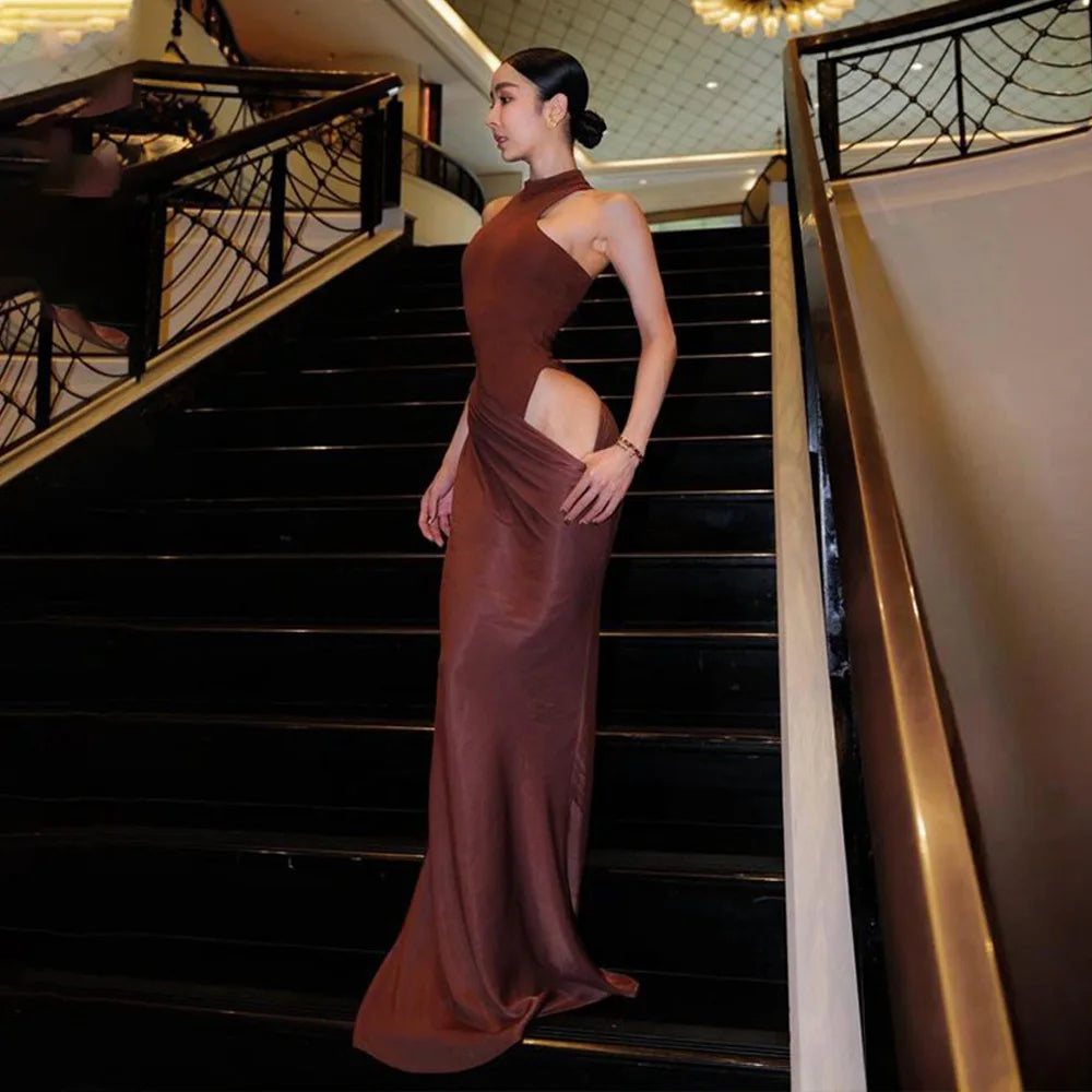 Mozision Women Sexy Party Club Evening Bodycon Sleeveless Long Dress Backless Soild Color Elegant Summer Dress
