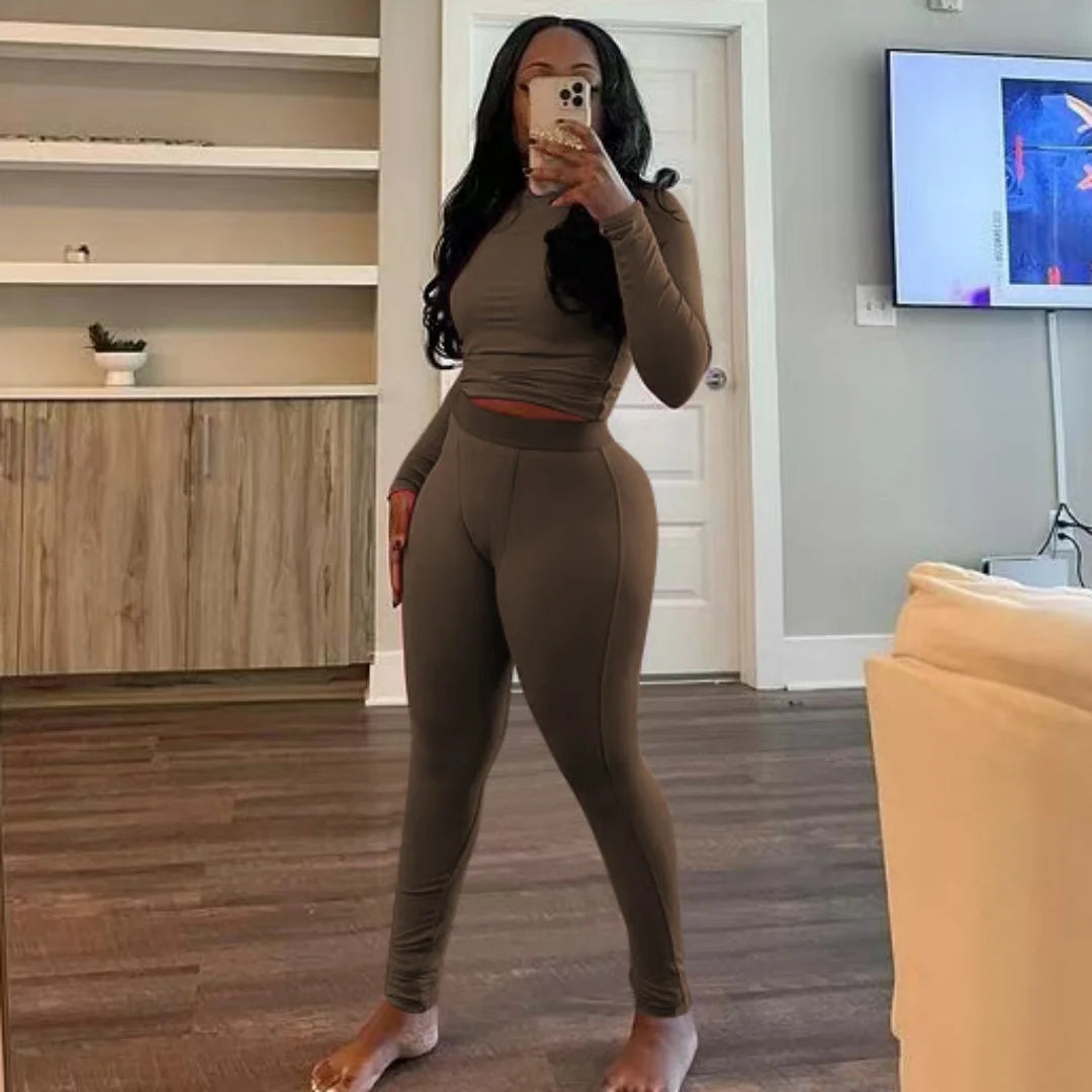 FAGADOER Autumn Winter New Ribbing 2 Piece Sets Women Outfit Solid Long Sleeve Crop Top + High Waist Leggings Suits Sportswear