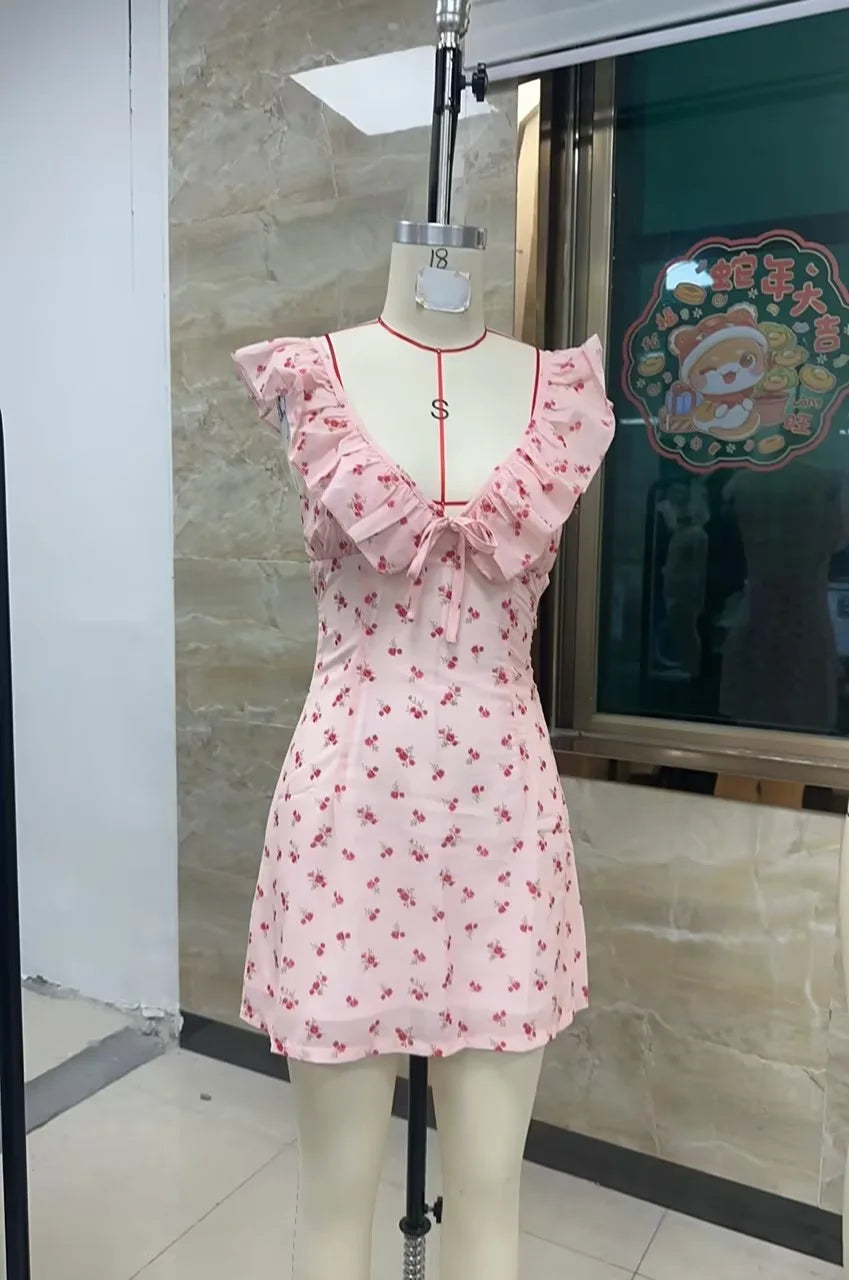 hirigin Women Mini Dress Sleeveless V Neck Backless Tie-up Floral/Dots Summer A-line Dress for Club Party Holiday Beach Sundress