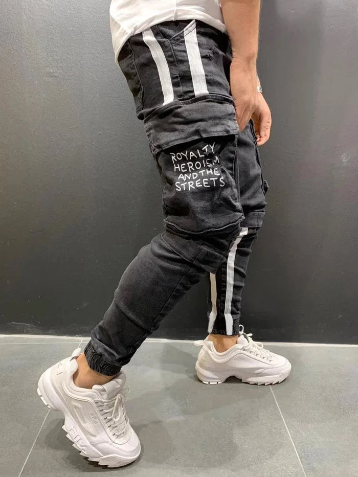 Men Jeans Denim Ankle Length Pencil Pants Mid Waist Holes Sheath Pockets Slim High Street Patchwork Slight Strech Washing